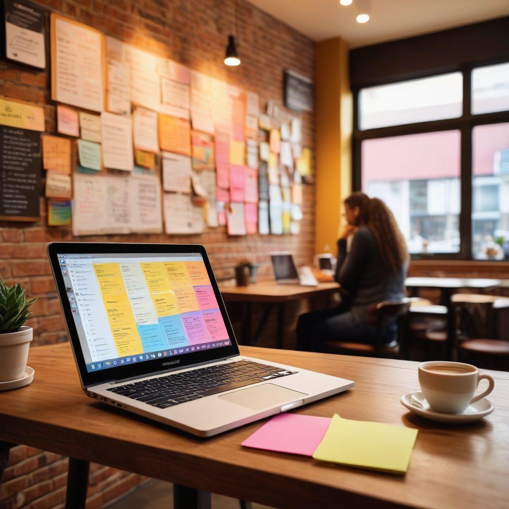 A dynamic scene showing a diverse group of individuals passionately working on their laptops in a cozy coffee shop, surrounded by inspiring quotes and colorful sticky notes. Incorporate elements like a laptop displaying analytics, a notepad with a strategy outline, and a coffee cup radiating creativity. Warm lighting creates an inviting atmosphere, symbolizing transformation from passion to profit. vibrant colors. cozy atmosphere. digital illustration.