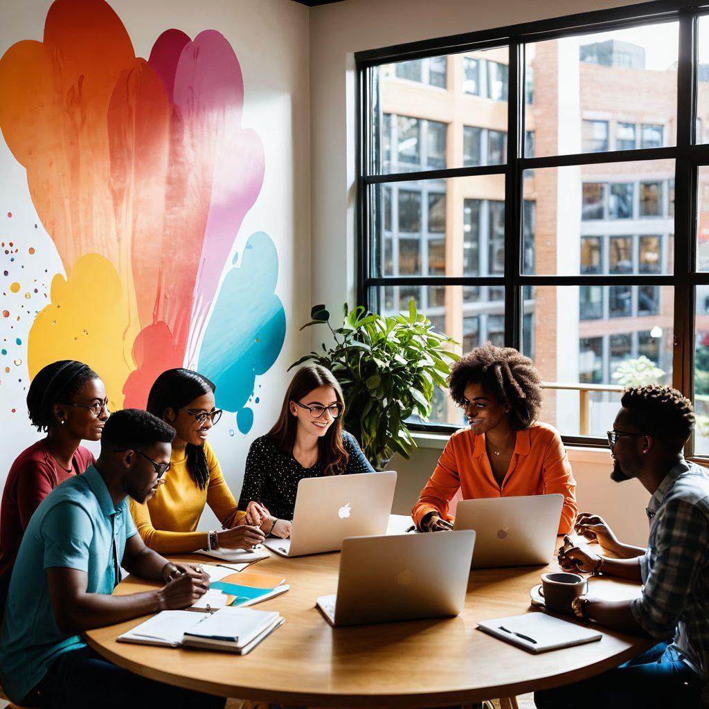 A lively scene depicting a diverse group of bloggers engaged in discussions, brainstorming, and creating content at a round table with laptops, notebooks, and coffee cups. The background features a colorful chart showing growth metrics and social media icons, symbolizing engagement and prosperity. Sunlight streams through a window, illuminating the workspace with a warm glow, conveying inspiration and creativity. modern illustration. bright colors. minimalistic style.